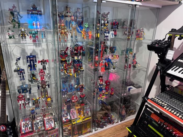 My cases of vintage Japanese toys. These are mostly die cast robots, but there are also some vinyl kaiju and tokusatsu heroes.