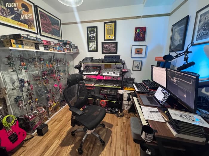 Void Cat Studios in all its glory, with my DAW on the right, my synths along the center wall, and my collection of vintage Japanese toys in cases on the left.