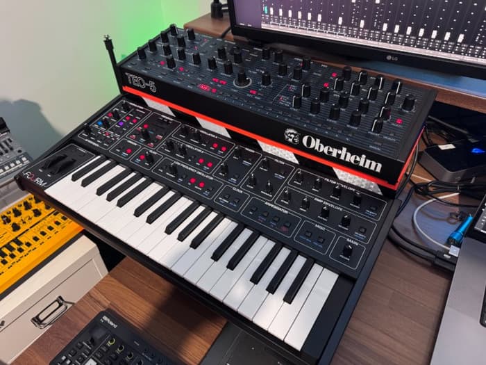 Two more synths sitting next to my work station -- a Sequential Fourm and the Oberheim TEO-5.