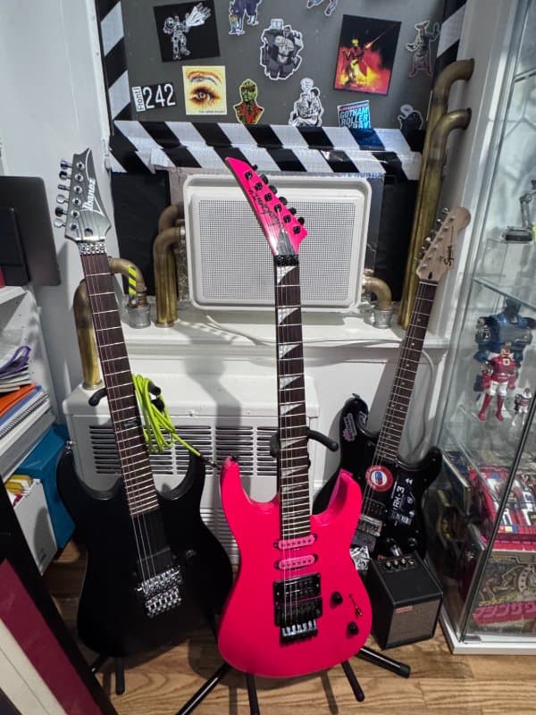 Guitars by Ibanez, Jackson, and Yamaha.