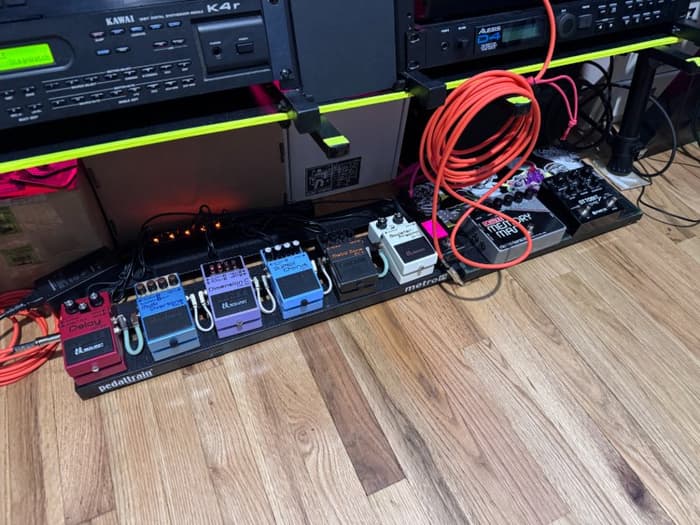 My collection of pedals, which include mostly gear by Boss.